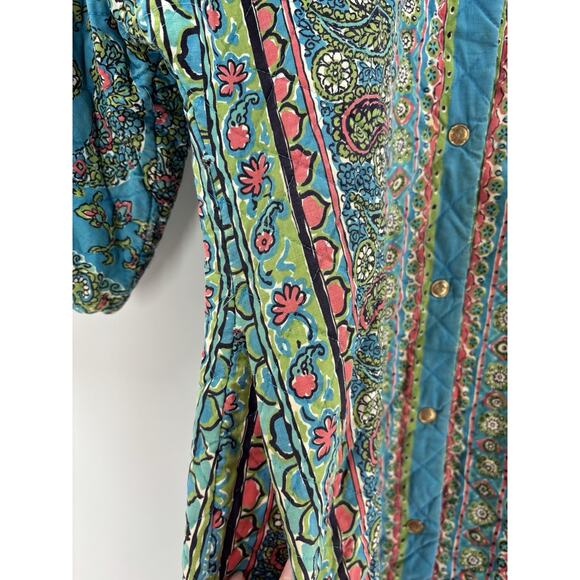Vintage Loungees House Coat Womens Small Blue Floral Paisley Snap Button Quilted - Picture 8 of 15